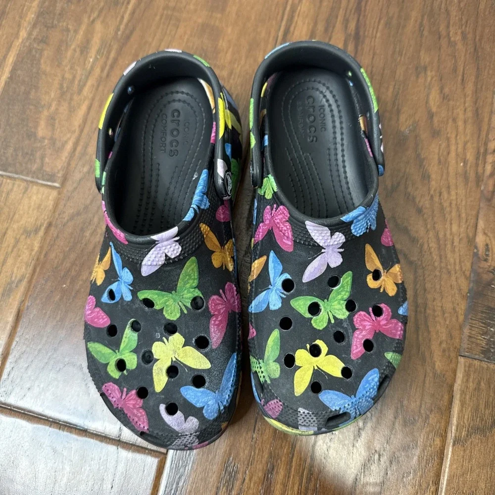 Crocs Classic Platform Butterfly Clog Black Rainbow Womens W7 Novelty RARE Water